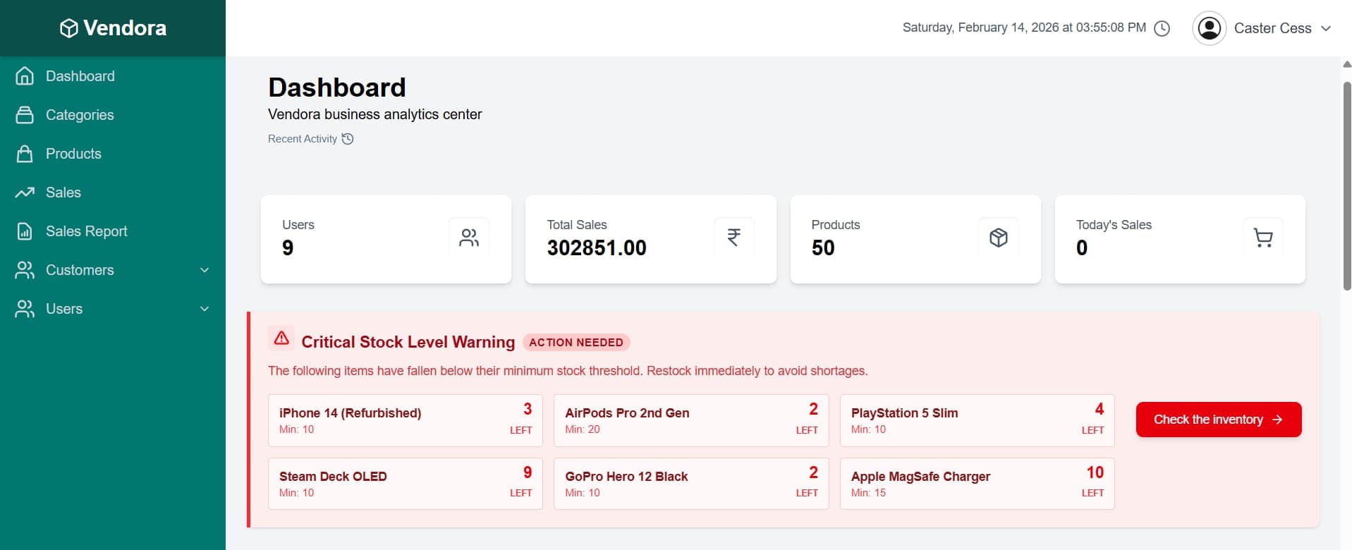 Vendora: admin dashboard with totals and a critical stock level warning