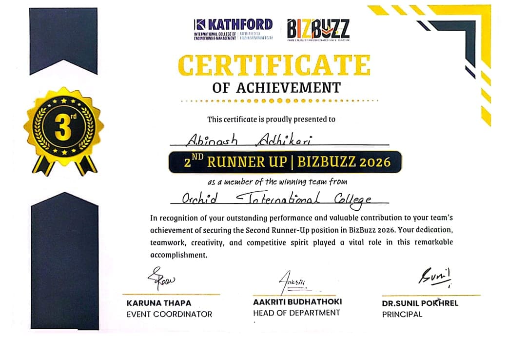 Certificate of achievement: 2nd Runner Up, BizBuzz 2026