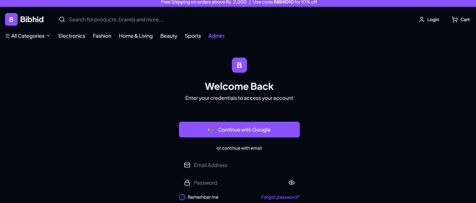 Bibhid: sign-in screen with a 'Continue with Google' button above the email form