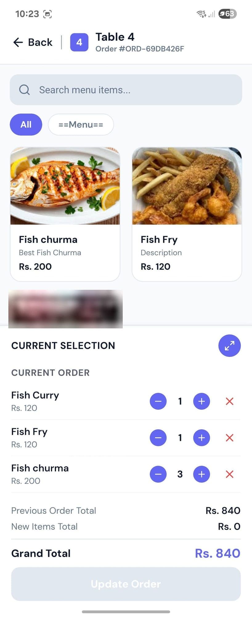 RMS app: Table 4 order screen listing the current order and a grand total of Rs. 840