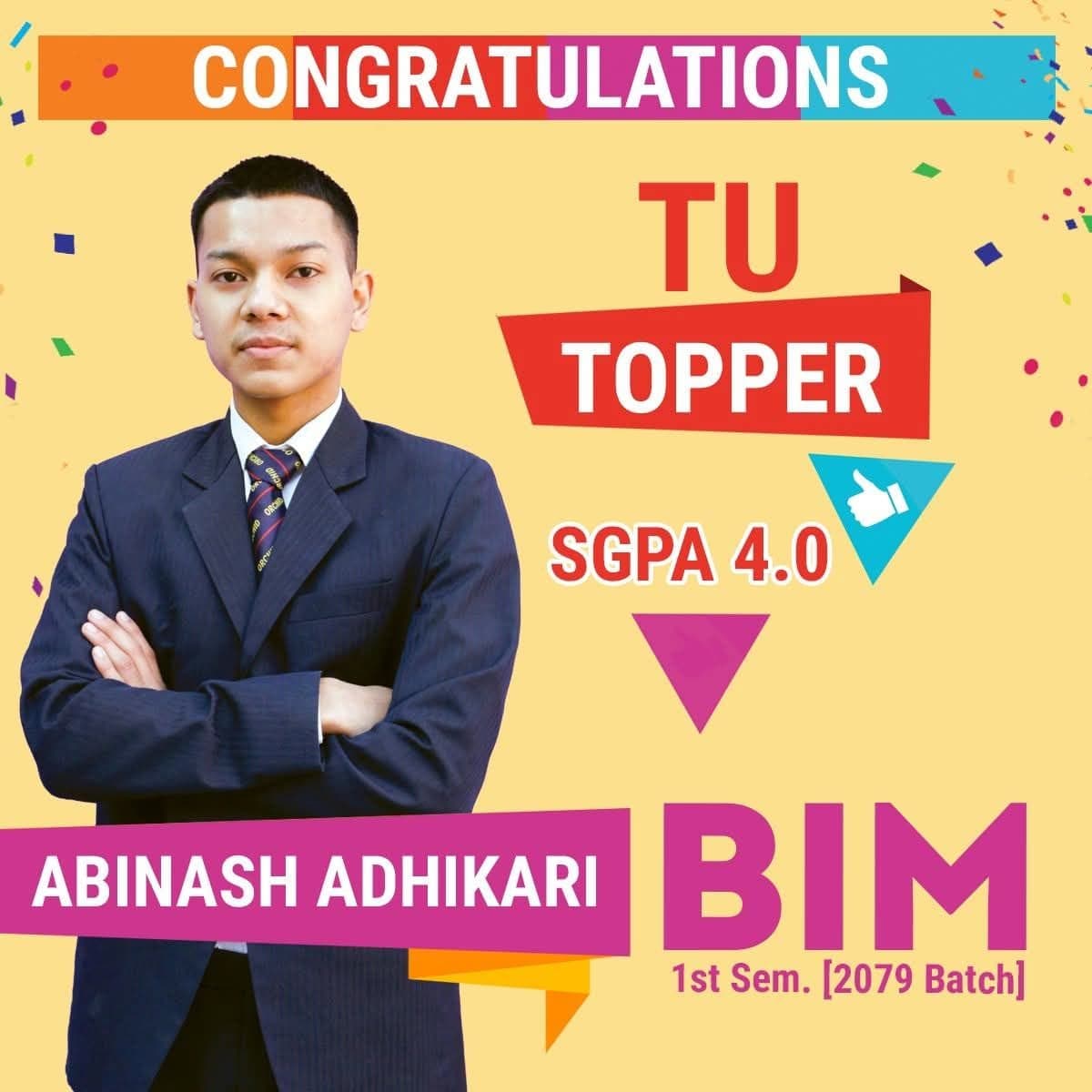 College poster congratulating Abinash Adhikari as TU topper, BIM 1st semester, SGPA 4.0