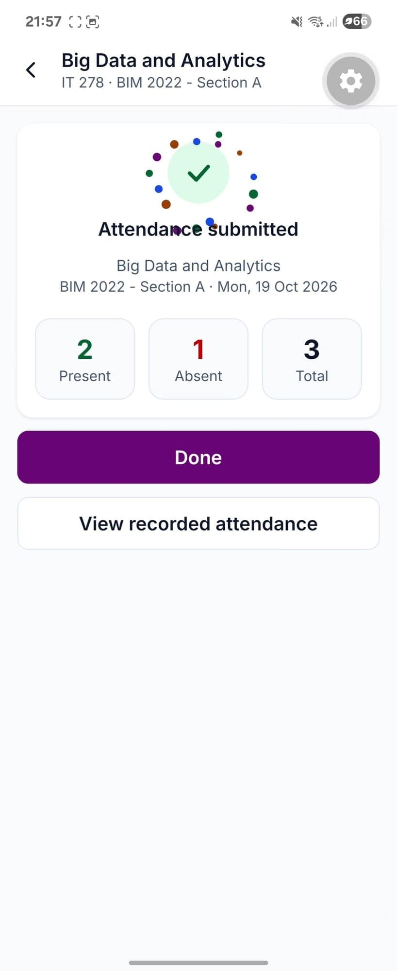 AMS app: teacher's 'Attendance submitted' confirmation showing 2 present, 1 absent