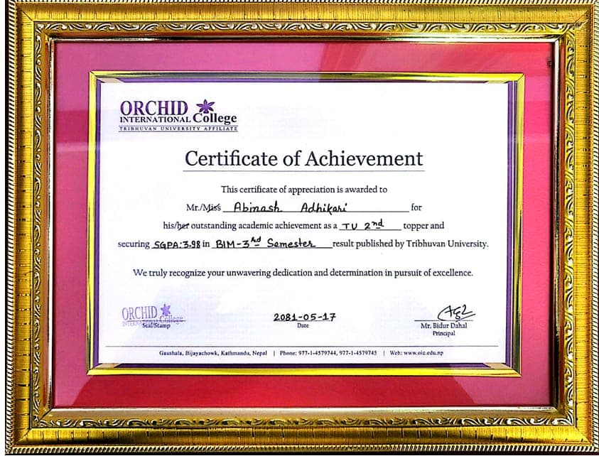 Framed certificate: TU 2nd topper, SGPA 3.98, BIM 3rd semester