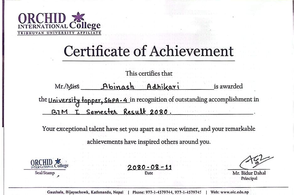 Orchid International College certificate: University topper, SGPA 4, BIM I Semester result